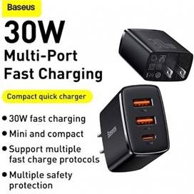 شارژر دیواری سریع 30 وات بیسوس Baseus 30W Compact Quick Charger 2U+C CN CCXJ-C01