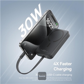 پاوربانک وایرلس 10000 مگنتی بیسوس Baseus P1002210B223 Magnetic Mini توان 30 وات با کابل Type C متصل