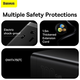 شارژر و چند راهی برق سوپر فست شارژ 100 وات با کابل برق 1.5 متری بیسوس Baseus GaN3 Pro Desktop PSZM000201