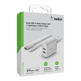 شارژر دیواری شارژ سریع دو پورت 24 وات + کابل لایتنینگ به USB-A بلکین مدل WCD001vf1MWH