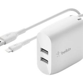 شارژر دیواری شارژ سریع دو پورت 24 وات + کابل لایتنینگ به USB-A بلکین مدل WCD001vf1MWH